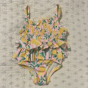 Penelope Mack Girls Yellow Pink Lemon Print Ruffle One-Piece Swim